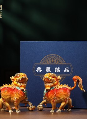 大明铜匠风火麒麟摆件一对镇宅客厅酒柜办公室装饰品开业乔迁礼品