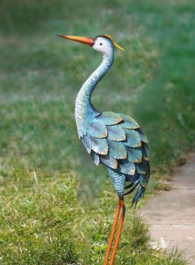 铁艺仙鹤鸟复古做旧蓝色落地橱窗摆件别墅庭院花园露台水池装饰