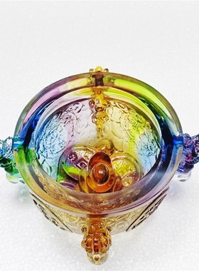 古法琉璃聚宝盆工艺品摆件水晶聚财位店铺开业四方V招财貔貅聚宝