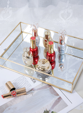 北欧黄铜玻璃桌面化妆品收纳托盘金色方形甜点蛋糕收纳盘装饰摆件