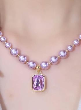 荣升精选紫珍珠项炼2025新款紫色方形吊坠女轻奢高级感水晶锁骨炼