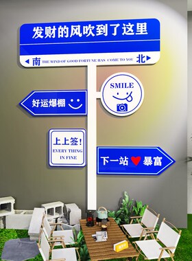 网红路牌打卡墙贴画拍照区布置摆件奶茶烧烤餐饮店墙面装饰露营风