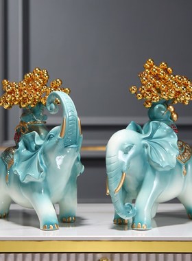 大象摆件一对乔迁新居礼品电视柜酒柜玄关摆Q件轻奢艺术装饰品