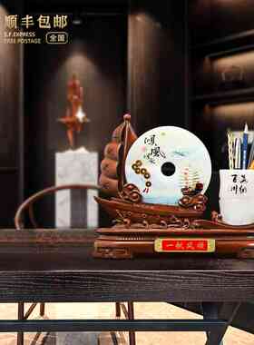 办公室摆件领导高档办公桌笔筒一帆风顺帆船定制玉石摆件平安扣