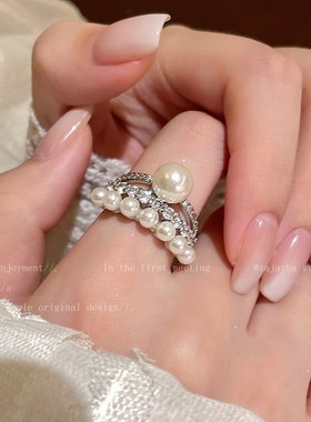 双层珍珠锆石戒指女生2024新款爆款气质食指戒轻奢小众高级感指环