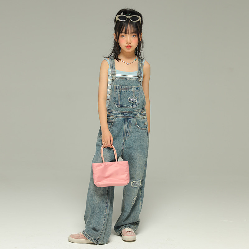小女森女童夏季贴布牛仔背带裤儿童洋气时髦裤子中大童吊带长裤薄,淘宝优惠券,粉丝福利购,淘宝优惠卷