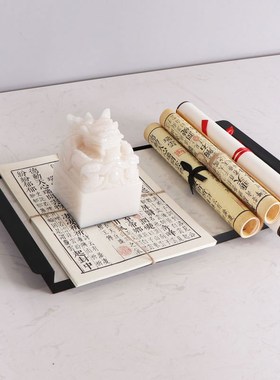 新中式金属大理石托盘摆件样板房茶几客厅茶道展示售楼处软装饰品