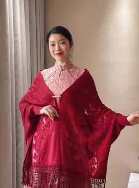 旗袍披肩婚礼喜妈妈中国风刺绣牡丹外搭外套秋冬红色流苏针织带袖