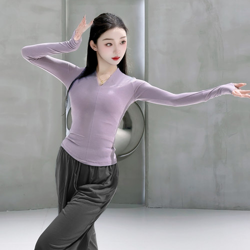 现代舞练功服女秋冬长袖套指V领形体训练练功服安可拉红艺考上衣 - 图0