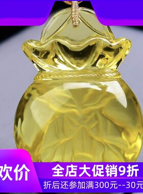 天然巴西柠檬黄水晶手工雕刻九尾狐狸福袋吊坠项链全净体收藏级即