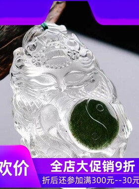 天然巴西翠绿幽灵俏色手工雕刻九尾狐狸吊坠项链毛衣链晶体通透即