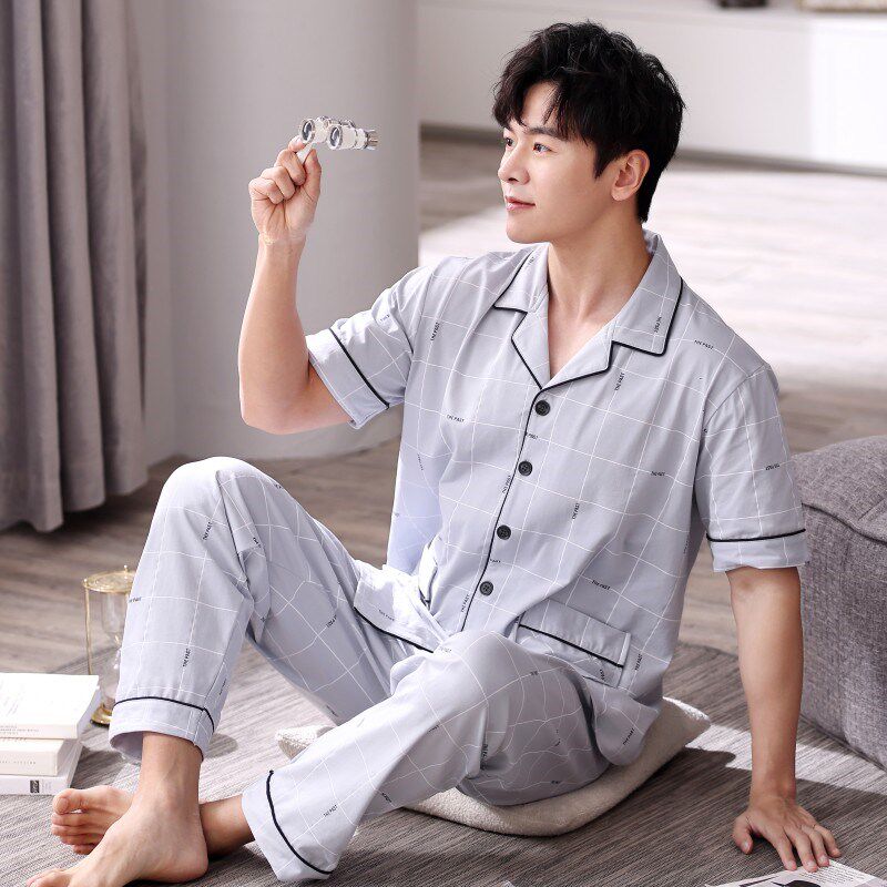 新款睡衣男夏纯棉薄款短袖长裤套装休闲宽松青年中老年家居服包邮 - 图1