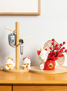 创意招财猫入户玄关钥匙收纳托盘乔迁客厅鞋柜家居装饰品桌面摆件