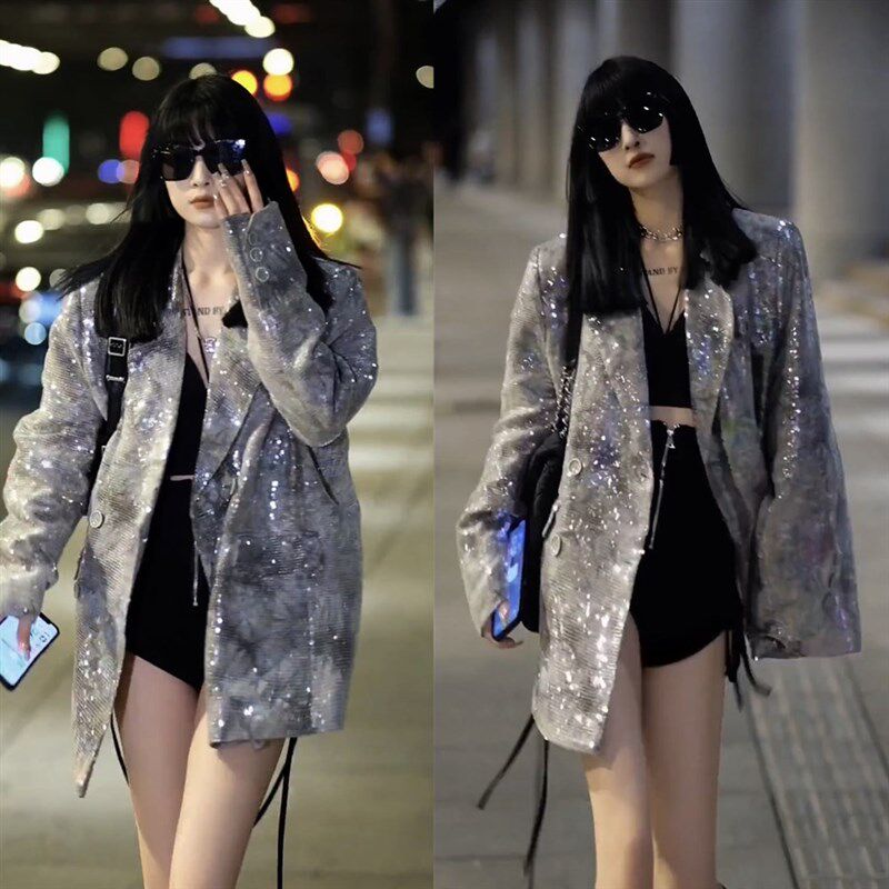 2024亮片小西服秋季行走的目光收割机银灰色亮片西装外套女中长款,淘宝优惠券,粉丝福利购,淘宝优惠卷