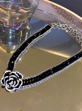 韩国黑色人造水晶款玫瑰花朵项链时尚设计短款锁骨链颈链网红项链