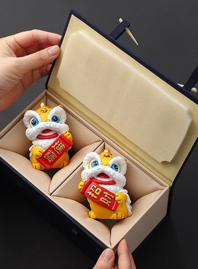 新中式国风招财进宝醒狮石狮子一对办公室桌面装饰摆件高级感小众