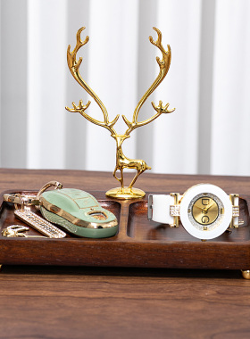 进门口客厅玄关钥匙收纳鹿摆件入户鞋柜桌面置物收纳盒胡桃色实木