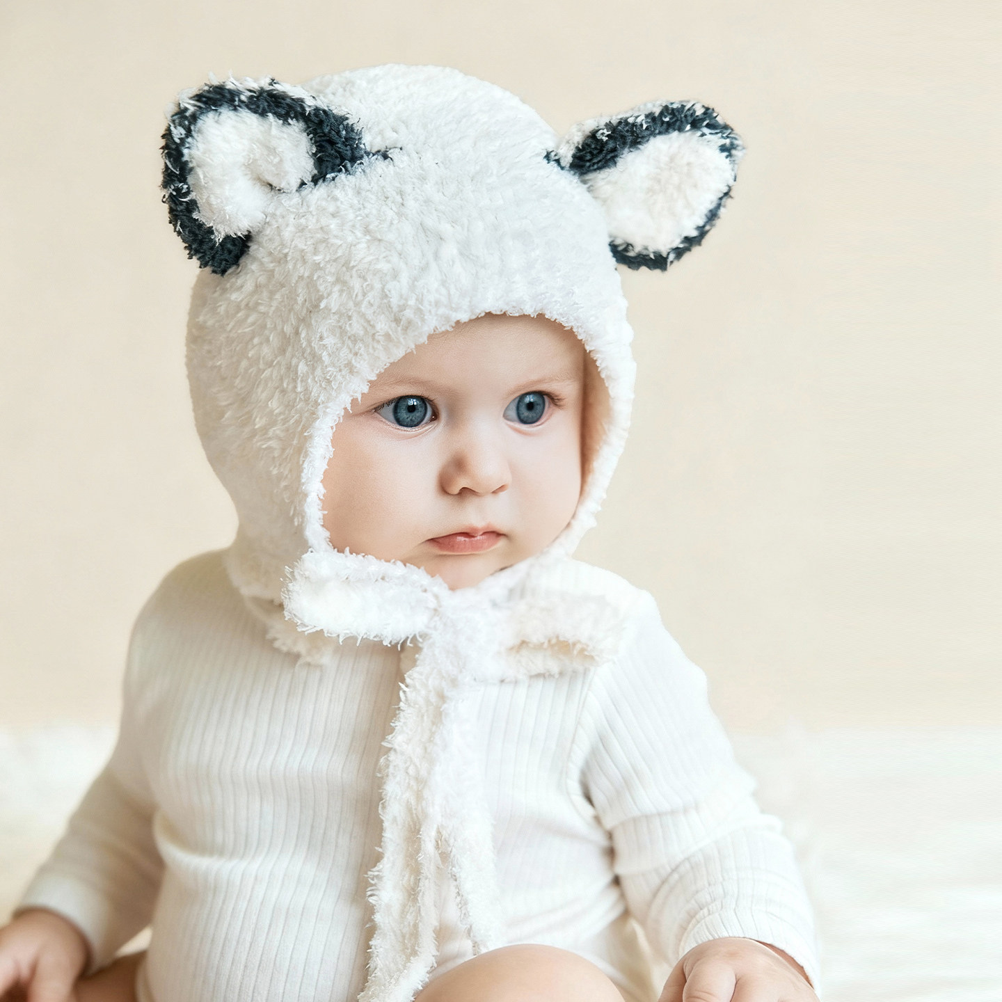 【熊猫白】TugTug婴儿帽子秋冬宝宝半边绒胎帽囟门帽新生婴儿胎帽