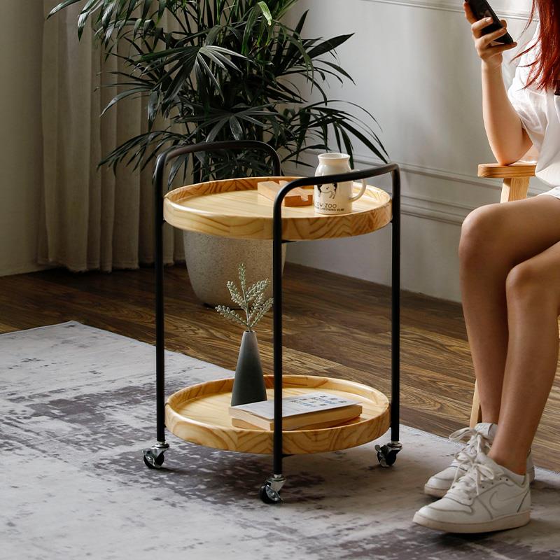 观山木实木可移动沙发边几北欧风现代简约带轮小茶几小推车置物架 - 图2