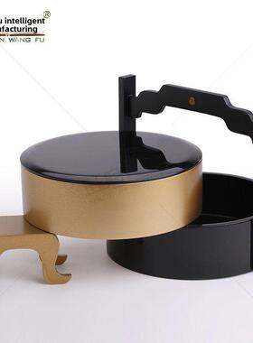 新款中国风酒店轻奢混搭创意装饰摆件实木圆提篮食盒糖果漆器盒