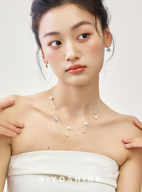 原创蓝色碎石珍珠项链长款叠戴