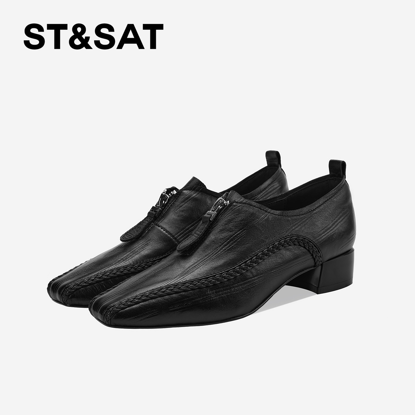 St&Sat/星期六法式方头深口单鞋真皮粗跟女鞋中跟复古编织小皮鞋,淘宝优惠券,粉丝福利购,淘宝优惠卷