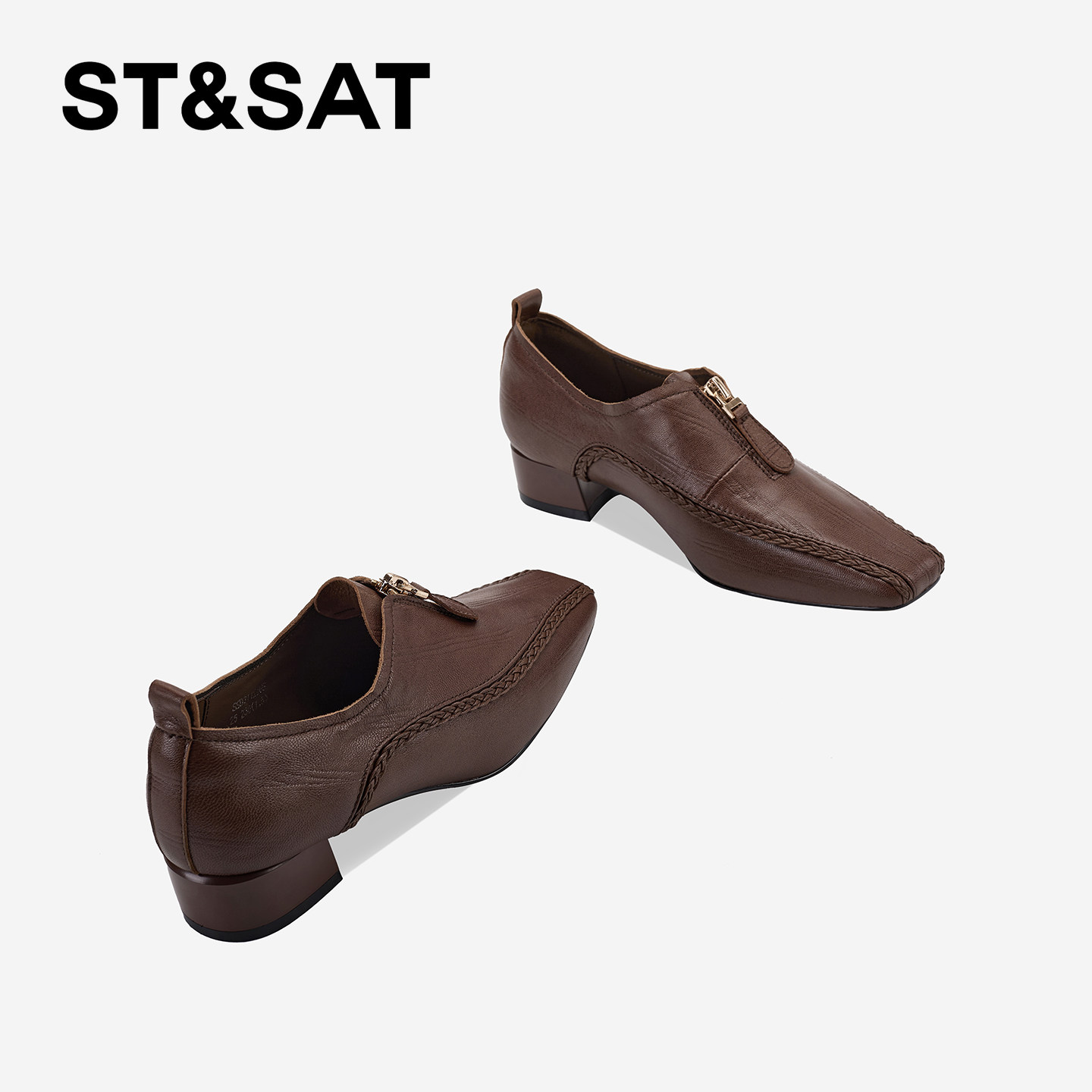 St&Sat/星期六法式方头深口单鞋真皮粗跟女鞋中跟复古编织小皮鞋,淘宝优惠券,粉丝福利购,淘宝优惠卷