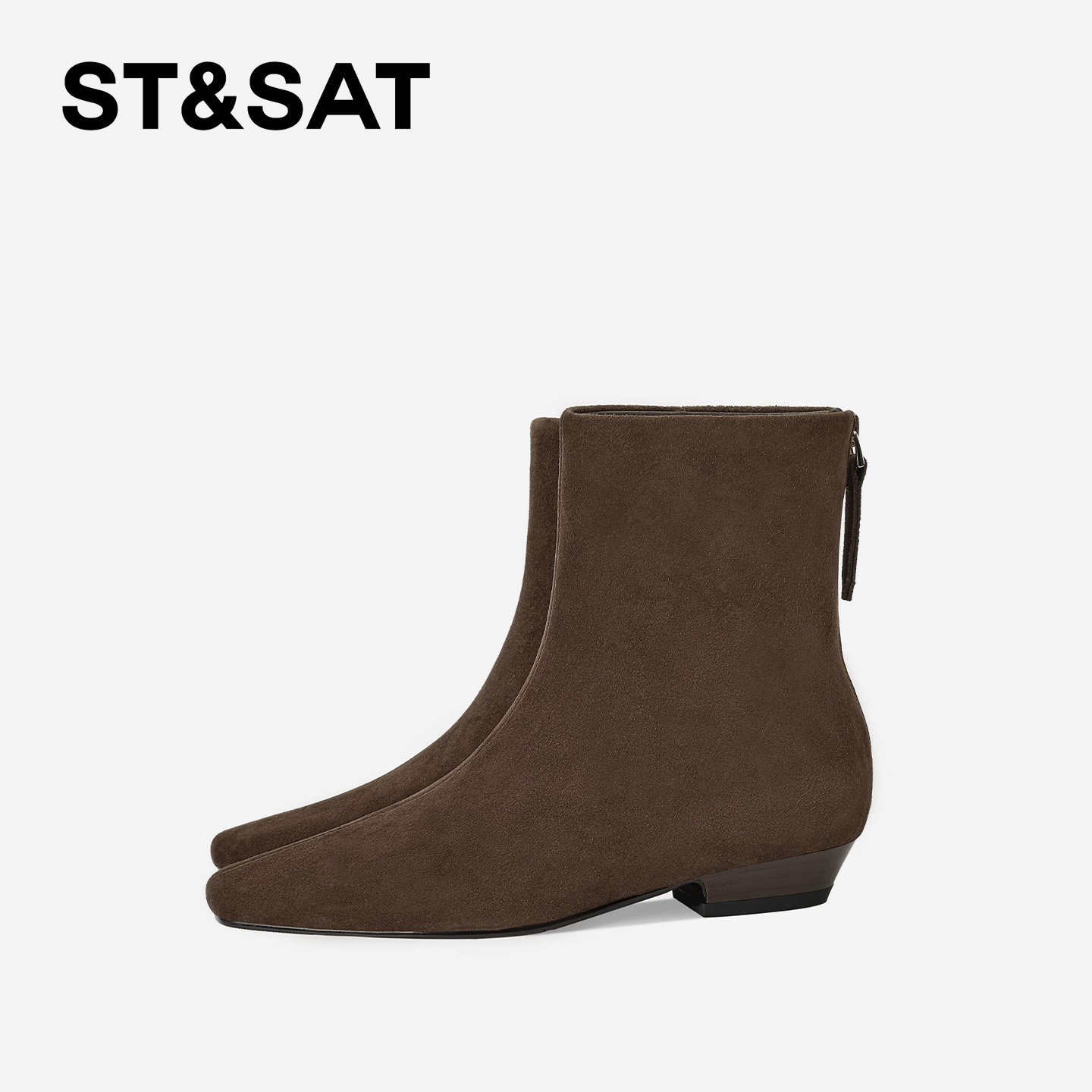 St&Sat/星期六粗跟短靴法式方头秋冬复古时装靴低跟后拉链女靴,淘宝优惠券,粉丝福利购,淘宝优惠卷
