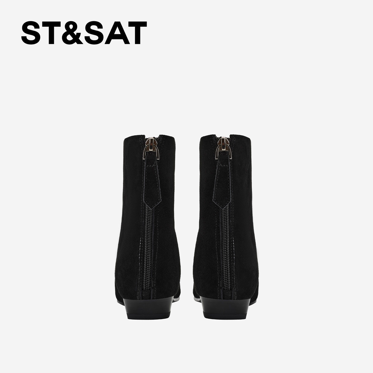 St&Sat/星期六粗跟短靴法式方头秋冬复古时装靴低跟后拉链女靴,淘宝优惠券,粉丝福利购,淘宝优惠卷