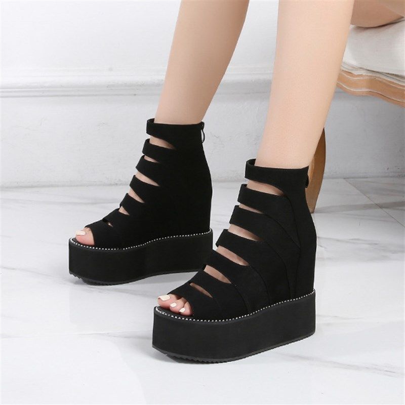 2025春夏时尚内增高坡跟厚底凉鞋女高跟防水台镂空松糕底鱼嘴凉靴,淘宝优惠券,粉丝福利购,淘宝优惠卷