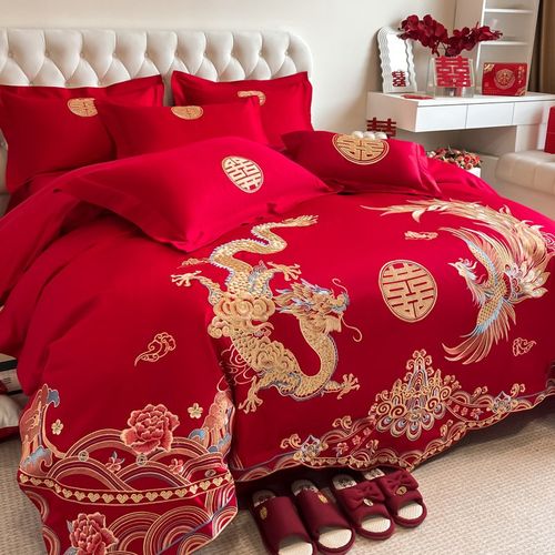 高档中式龙凤刺绣结婚四件套大红色被套纯棉婚庆床上用品婚房喜被 - 图0