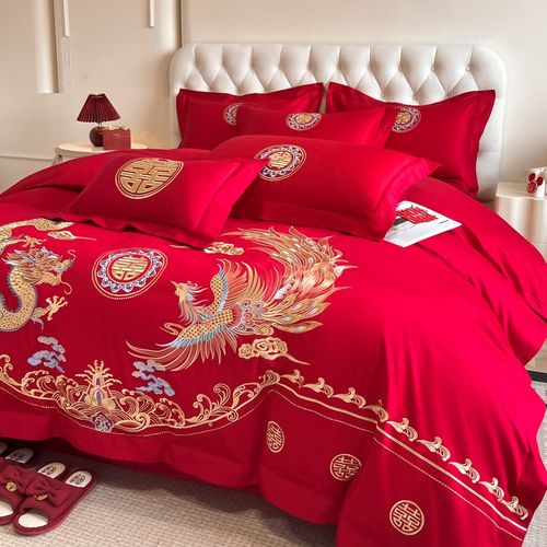 高档中式龙凤刺绣结婚四件套大红色被套纯棉婚庆床上用品婚房喜被 - 图2