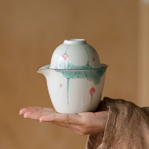 草木灰手绘d荷花快客杯一壶二杯功夫旅行茶具便携式收纳包旅游 - 图3