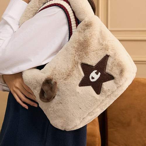 Champion冠军秋冬毛绒包星星饼干包猫猫包男女大容量单肩手提包 - 图0