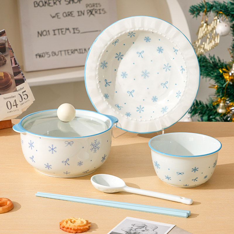 蓝雪花可爱泡面碗带盖双耳泡面碗个人专用釉下彩陶瓷泡面碗套装,淘宝优惠券,粉丝福利购,淘宝优惠卷