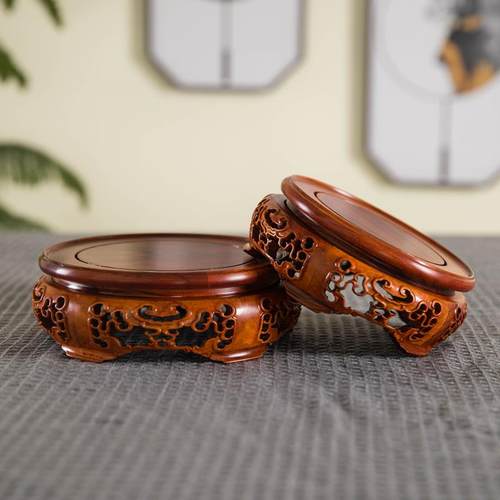 非洲酸枝木圆形茶壶鱼缸佛像花瓶花盆底座木质奇石实木托 托架摆 - 图1