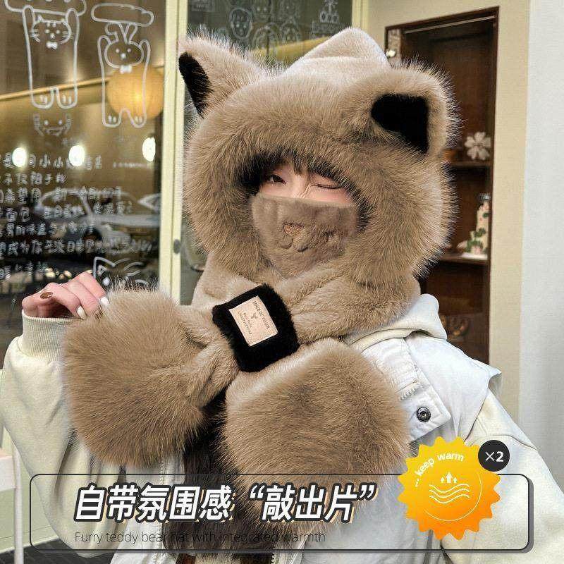 可爱狐狸毛绒帽子撞色围巾一体三件套女秋冬百搭加厚保暖骑车围脖,淘宝优惠券,粉丝福利购,淘宝优惠卷