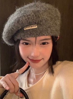 灰色马海毛贝雷帽女秋冬季日系大头围保暖蓓蕾画家帽显脸小帽子潮