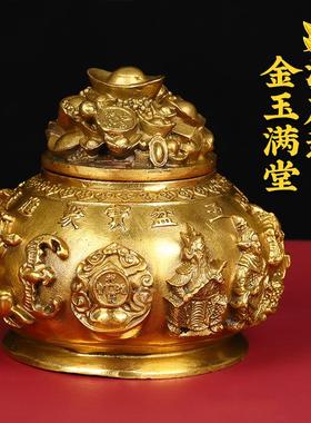 铜聚宝盆家用做生意客厅财位五路财神聚宝盆大小号存钱罐带盖摆件
