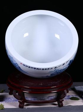 景德镇陶瓷鱼缸名家手绘山水画水缸新中式家居客厅装饰品风水摆件