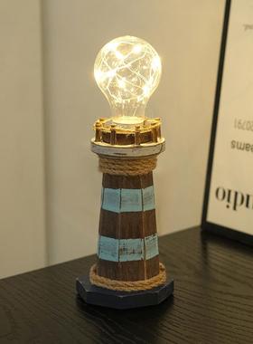 地中海风木质灯塔摆件创意复古桌面饰品发光家居摆件做旧送礼装饰