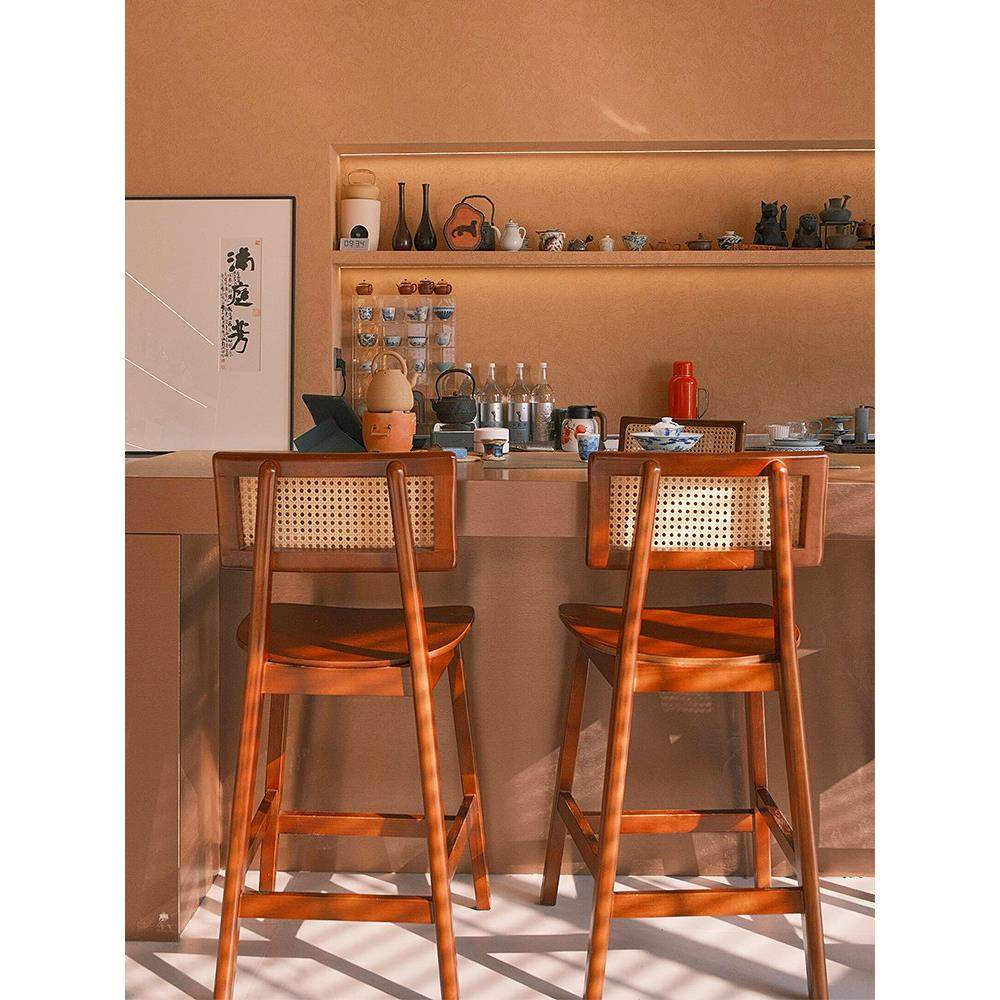 实木藤编酒吧台椅覆古家用岛台桌小户型高脚凳设计师厨房靠背椅子,淘宝优惠券,粉丝福利购,淘宝优惠卷
