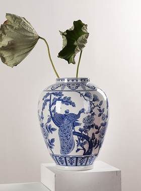 青花瓷陶瓷储物罐将军罐新中式收纳摆件客厅样板间博古架玄关装饰