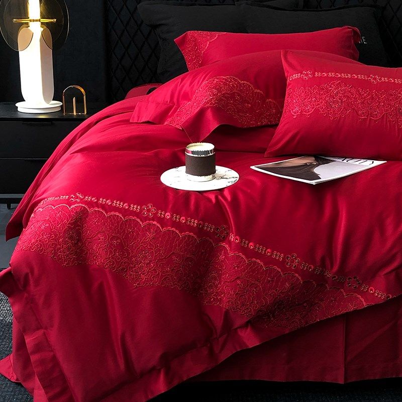 高端100支婚庆结婚全棉纯棉四件套长绒棉床单被套结婚床上用品红,淘宝优惠券,粉丝福利购,淘宝优惠卷