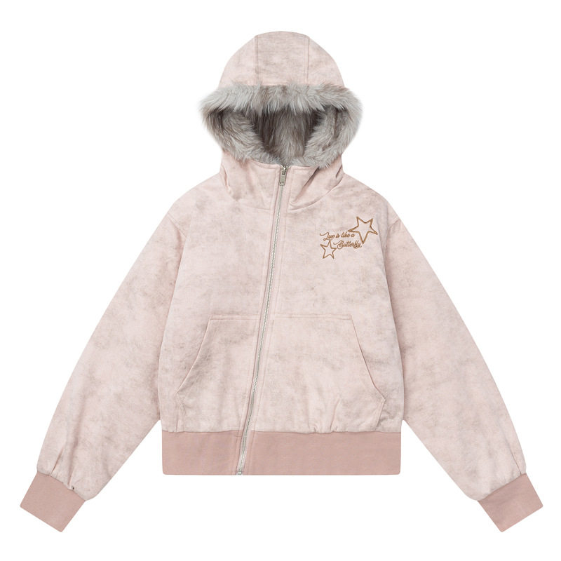 衣品男装复古星星刺绣麂皮绒毛领夹棉短外套女宽松ins潮保暖棉衣,淘宝优惠券,粉丝福利购,淘宝优惠卷