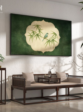 新中式复古风绿色植物花鸟酒店客厅装饰画卧室床头壁画横版挂画