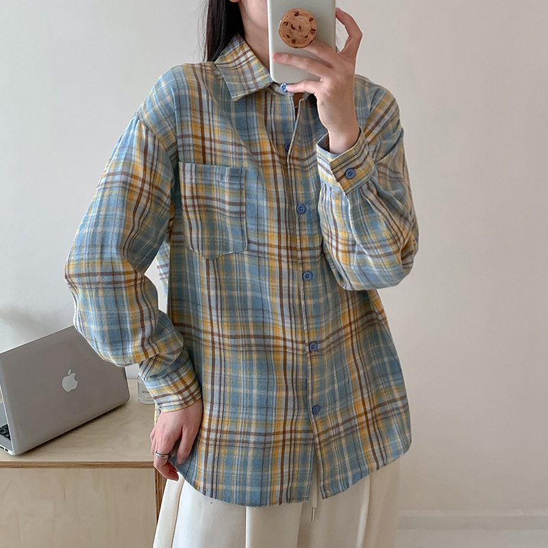 [太阳]新款港风美式格子衬衫