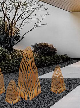 中式室内庭院楼梯景观造景装饰铁艺假山鱼池大型金属山影落地摆件