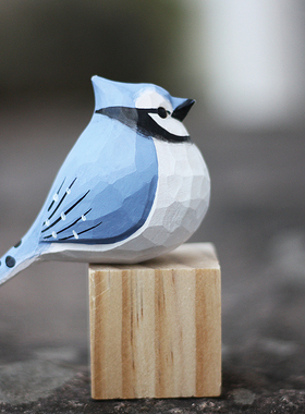 鹿妖商店 肥啾 木雕小鸟 冠蓝鸦 生日礼物 纯手工 实木桌面摆件
