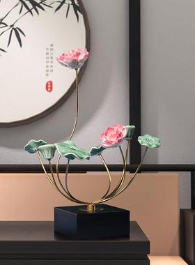 新中式家居摆设样板房间软装饰品高端轻奢客厅玄关电视柜莲花摆件
